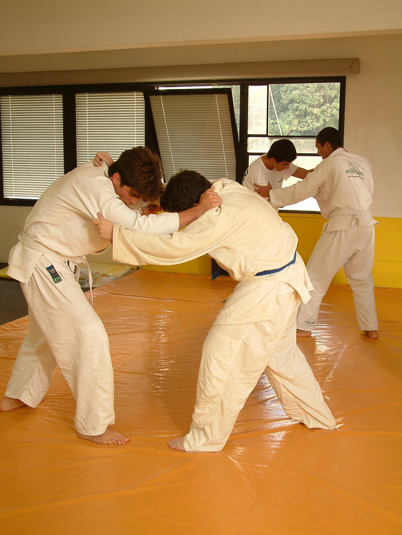 Two beginners practicing jiu-jitsu.